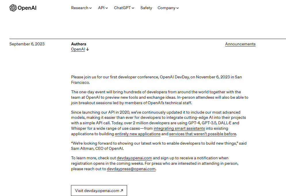 OpenAI官宣将举行首届开发者大会！首席执行官：将公布最新成果