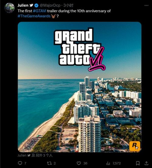 《GTA6》公布引TGA创始人感慨 晒5代发布时青涩模样